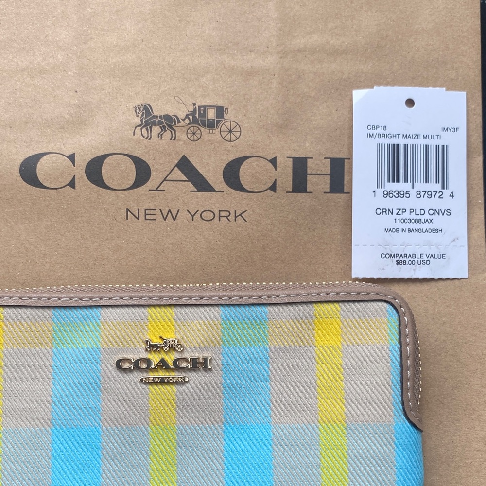 Coach Blue and Yellow Plaid Wristlet - Picture 6 of 9